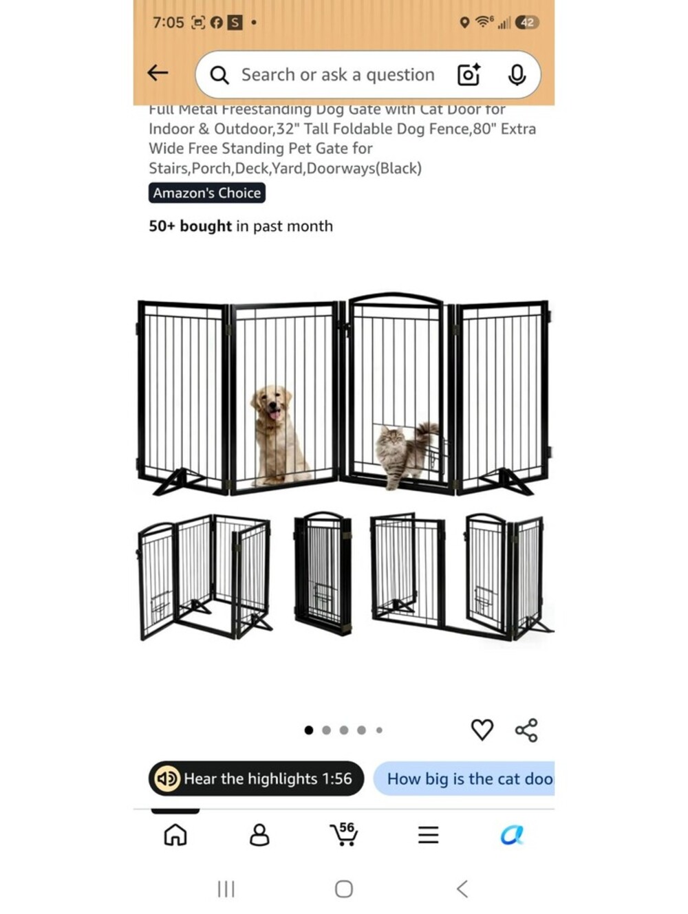 Full Metal Freestanding Dog Gate with Cat Door - 32" Tall Foldable Dog Fence, 80